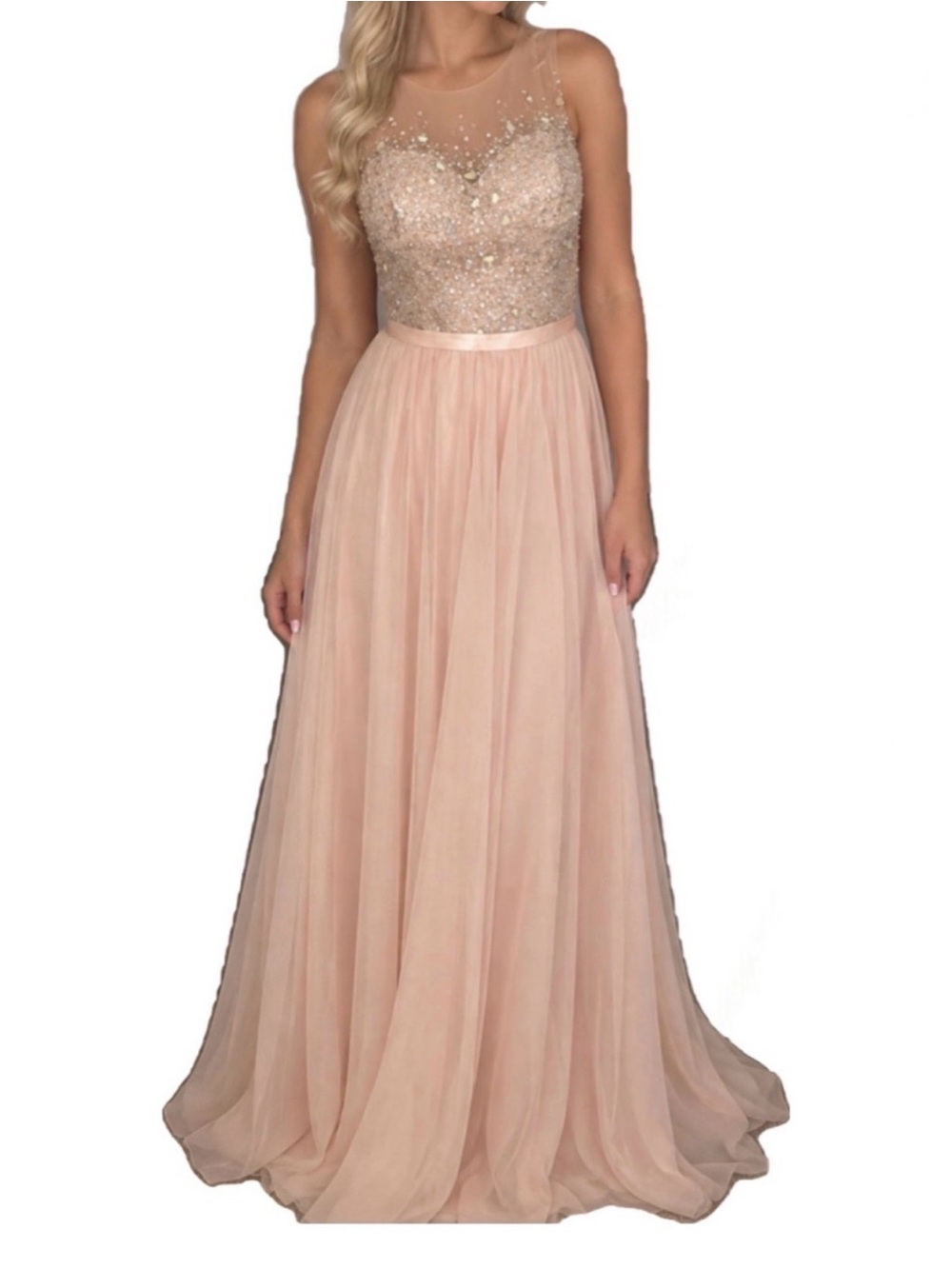 Blush Sparkle Illusion Neck Tulle Prom Dress